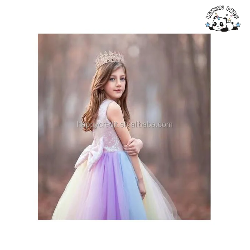 LEZONKIDS - Vestido Rosa de Lantejoulas para Meninas, Vestido de Malha Arco-íris para Festa Noturna, Vestido de Princesa para Crianças